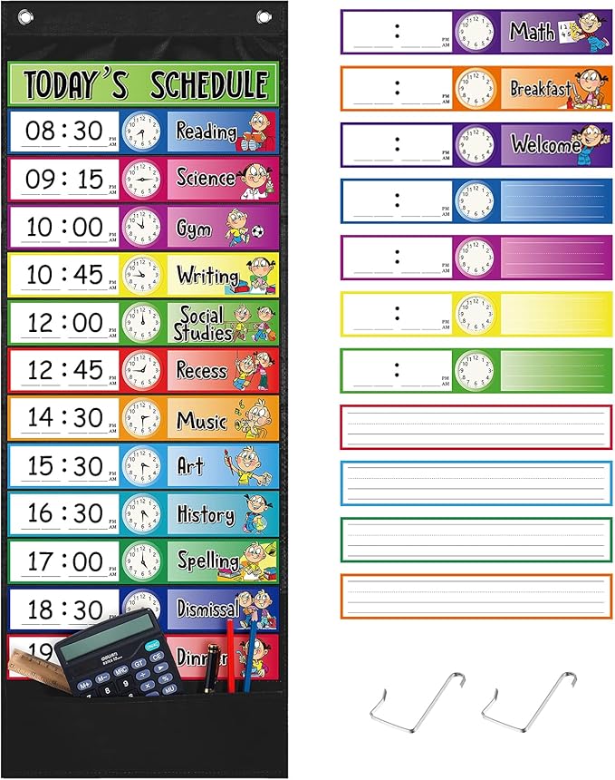 Chinco Daily Schedule Pocket Chart School Class Schedule Kit 13+1 Pocket Chart, 2 Hook, Title Card, 30 Double-Sided Blank Erasable Card for Classroom School or Home(Black)