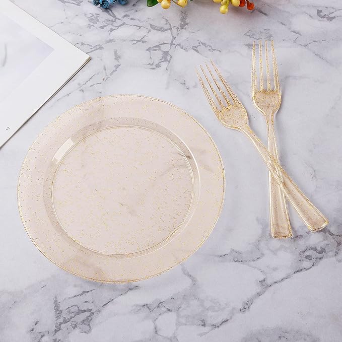 Goodluck 120PCS Gold Glitter Plates with Plastic Forks, Gold Dessert Plates for 60 Guests, Heavy Duty Disposable Plates for Party, Including 60 7" Plastic Plates and 60 7.4" Plastic Forks