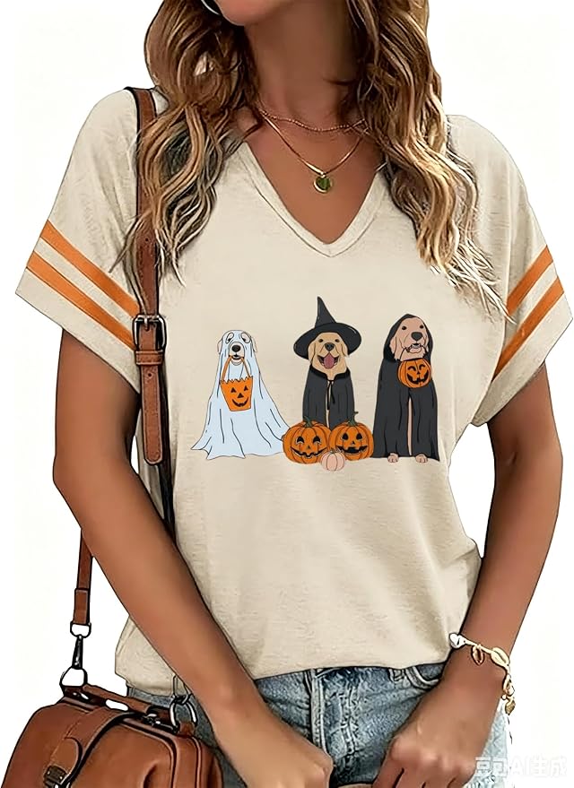 Women Fall Halloween Doodles V Neck Shirt Funny Family Party Autumn Short Sleeve Tee Pumpkin Graphic Thanksgiving