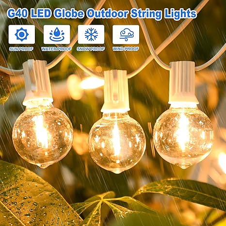 100ft 2-Pack Outdoor G40 LED Globe String Lights Dimmable Shatterproof Waterproof Light Strings with 52 Bulbs Connectable Commercial Hanging Lights for Patio Balcony Backyard Party (White Wire)