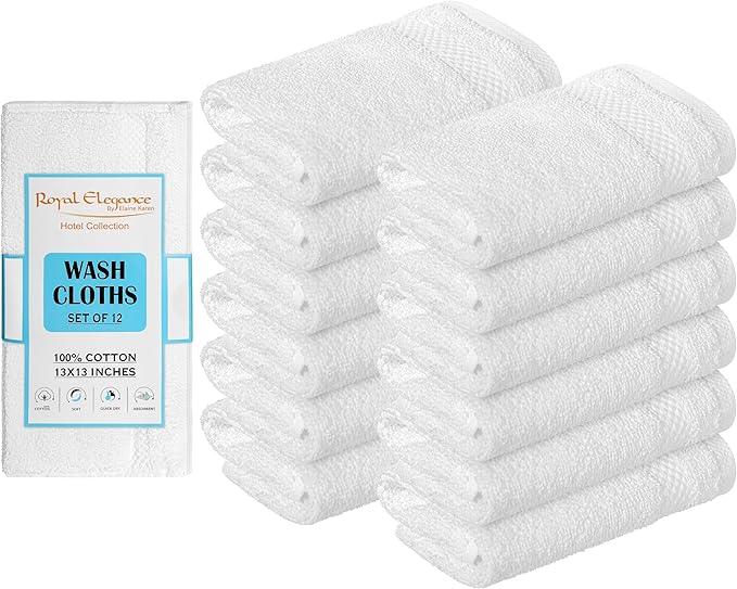 Elaine Karen White Wash Cloths for Your Face - 12 Pack Premium Cotton Washcloths - Hotel Spa Bathroom Face Towels - 13x13 Face-Cloth