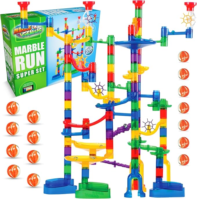Marble Genius Marble Run - 150 Complete Pieces Maze Track Toys for Adults, Teens, Toddlers Kids Aged 4-8 Years Old, (85 Translucent Marbulous Pieces 65 Glass-Marble Set), Super Set