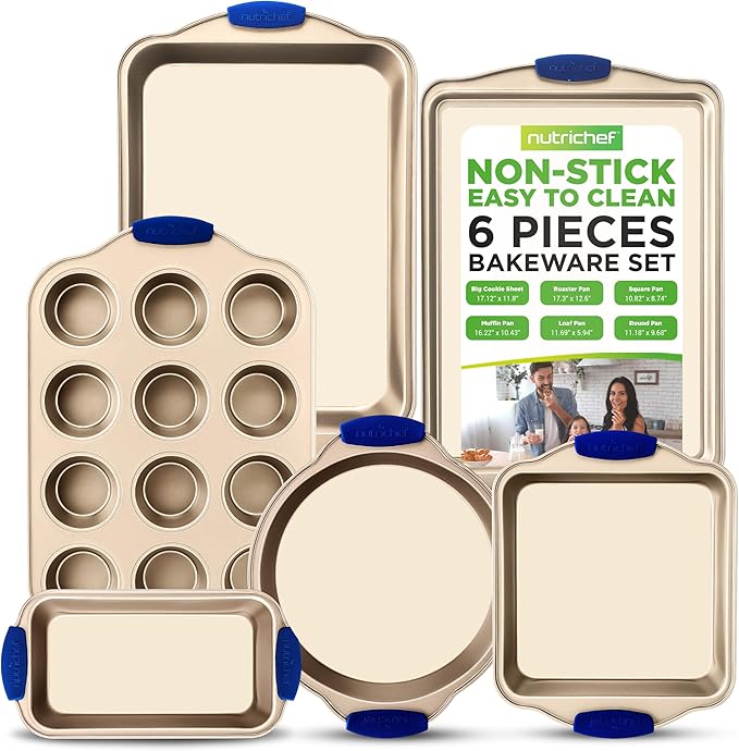 NutriChef 6-Piece Nonstick Bakeware Set - Premium Carbon Steel Baking Trays wHeat-Safe Silicone Handles - Includes Loaf Pan, MuffinCupcake Pan, Round Square Roaster Pans, Cookie Sheet - NCSBSG36