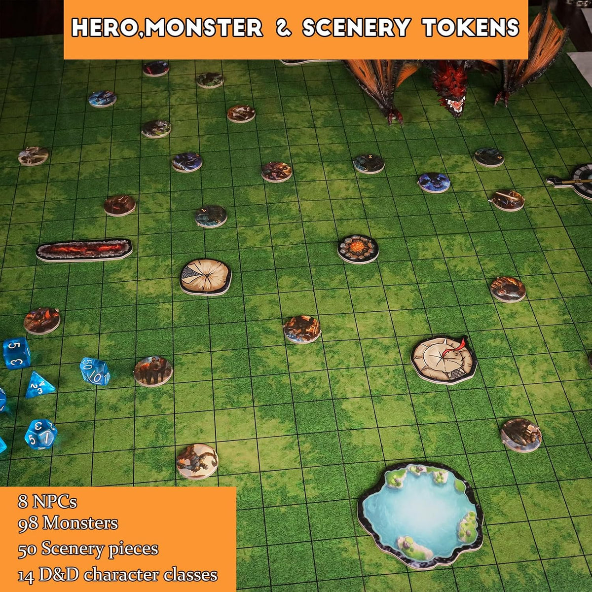 CZYY RPG Starter Set, Foldable Battle Mat, DM Screen, Game Tokens & Dice 2-Sided Wet & Dry Erase Terrain Map, Scenery Pieces & Marker Pens, DND Starter Accessories, Gift for Player & Dungeon Master