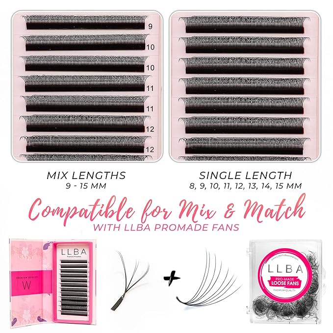 LLBA W Eyelashes Extensions - 3D Handmade Volume Eyelashes | C CC D Curl | Thickness 0.05~0.07mm | 8-15mm Length Mixed Tray | Full Fluffy Volume Look | Long Lasting & Easy Application (W, 0.07 D 11mm)
