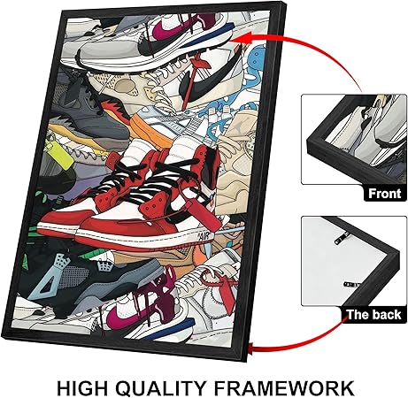WOOTONG Sneaker poster Hypebeast, Sneaker Wall Art Decoration,AJ Shoe Poster Art Sports themed Wall Art Boy Room, Sneaker Air Sneaker Shoebox Collection (Black Frame, 12" x 16")