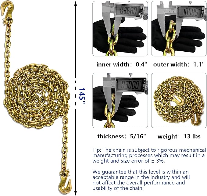516 Chain Trailer Chains with Hooks, Grade 80 Tow Log Chain 4900 lbs Working Load for Truck Farm Construction(516 in x 12FT)