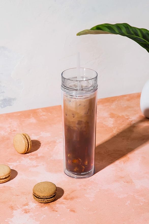 Maars Drinkware Double Wall Insulated Skinny Acrylic Tumblers with Straw and Lid, 16 oz. (4 pack, Clear)