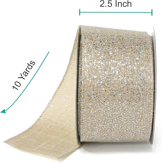 CT CRAFT LLC Sparking Silver Glitter Wired Ribbon 2.5" x 10 Yards TanSilver for Christmas Home Decor Bow Gift Wrapping DIY Crafts Wreath