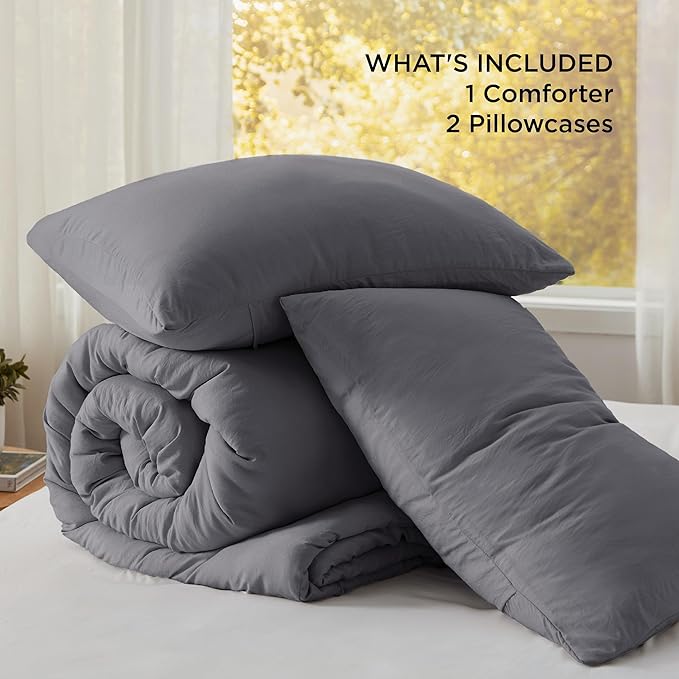 Bedsure Queen Size Comforter Set, Dark Grey Soft Prewashed Bedding for All Seasons, 3 Pieces GentleSoftN Warm Down Alternative Bed Set, 1 Lightweight Comforter (90"x90") and 2 Pillowcases (20"x26")