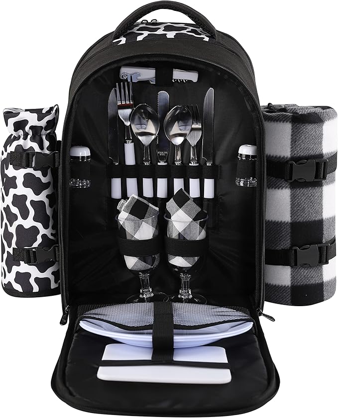 apollo walker Picnic Backpack Bag for 2 Person with Cooler Compartment, Detachable BottleWine Holder, Fleece Blanket, Plates and Cutlery Set (2 Person, Black)