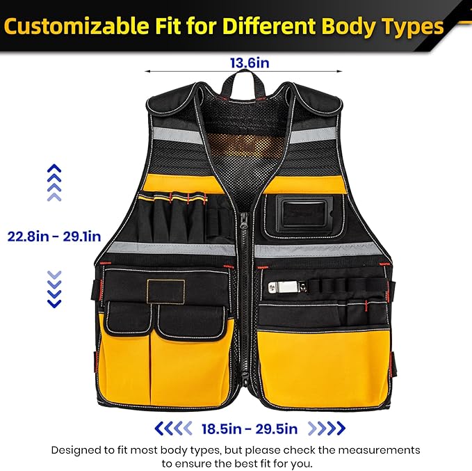 Tool Vest Electrician, Tool Vest for Men, Construction Tool Vest, 22 Pockets, Reflective Work Tool Vest for Men, Tool Vest for Carpenters, Adjustable Tool Vest, Tool Vest for Handyman