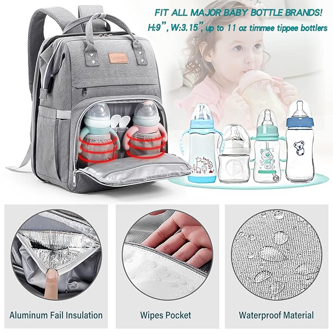 Diaper Bag Backpack, Large Capacity Multifunction Baby Bag for Boy Girl, Travel for Moms Dads, Baby Registry Search Shower Gifts Waterproof and Stylish Gray