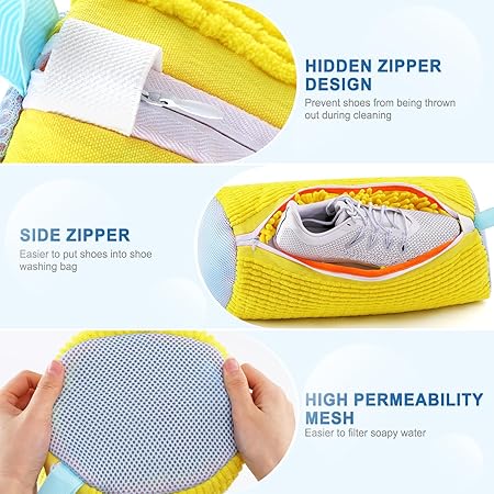Shoe Washing Machine Bag, Invisible Zipper Side Opening Shoe Washing Bag for Washer and Dryer, Shoe Laundry Bags for Sneakers, Reusable Shoe Cleaning Bag for All Shoe Sizes (Yellow 1pc)
