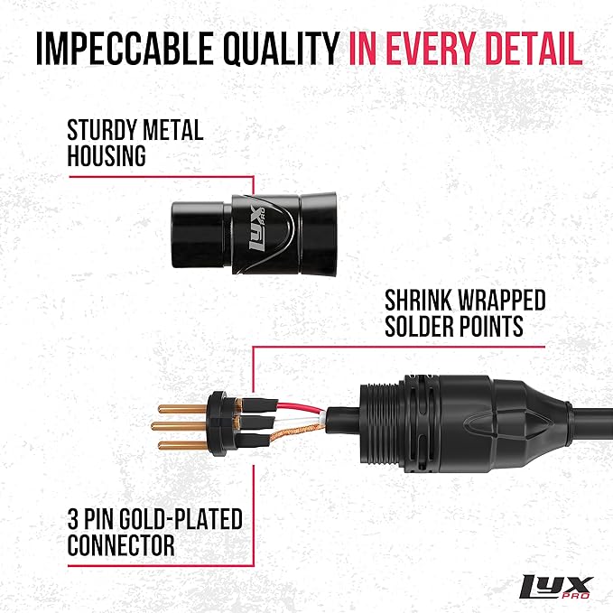 LyxPro Quad Series 25 ft XLR 4-Conductor Star Quad Balanced Microphone Cable for High End Quality and Sound Clarity, Extreme Low Noise, Black