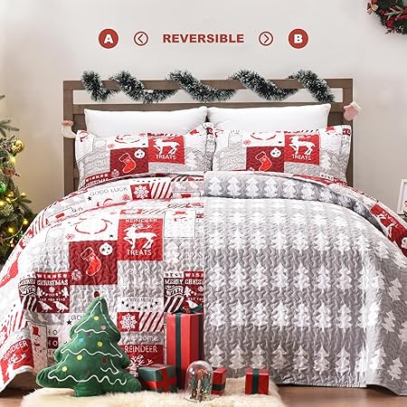 Newspin Christmas Quilt Set Queen Size, Soft Reversible Quilted Christmas Bedspread Coverlet Lightweight FullQueen Quilt Bedding Sets with Xmas Santa Tree Snowman Red Plaid Patchwork Pattern