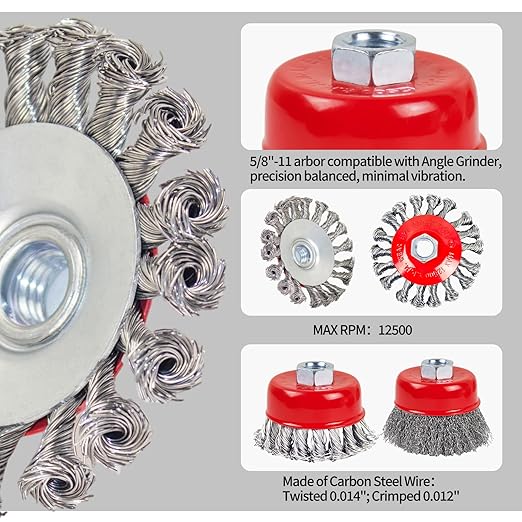 Wire Wheel Brush for 4-12" Angle Grinder 3in Wire Wheel Cup TwistedCrimped Brushes 58"-11 Threads Arbor - 2pcs