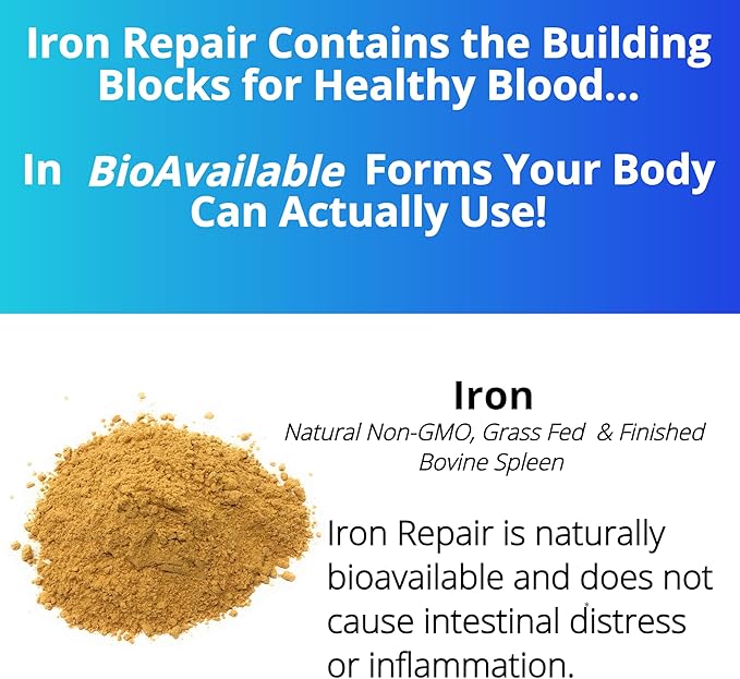 Iron Repair Simply Natural Iron Supplement, Best Absorption Gentle on Stomach, Monash Low FODMAP, Raise Hemoglobin Ferritin Iron Pills for Women, Men, Teens, Pregnancy 90 Bovine Gelatin Capsules