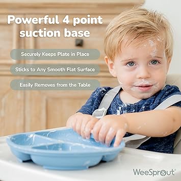 WeeSprout Suction Plates for Babies Toddlers - 100 Silicone, Dinnerware Stays Put, Divided Design for Picky Eaters, Microwave Dishwasher Friendly, 3 Pack