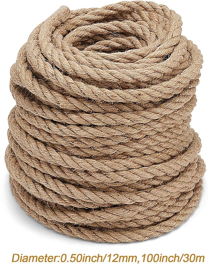 100 Feet 1/2 Inch Jute Rope, 12mm Thick Natural Hemp Rope, 3 Ply Twisted Braided Manila Nautical Rope Hemp Twine Cord for Crafts Gardening Bundling Decorating Camping