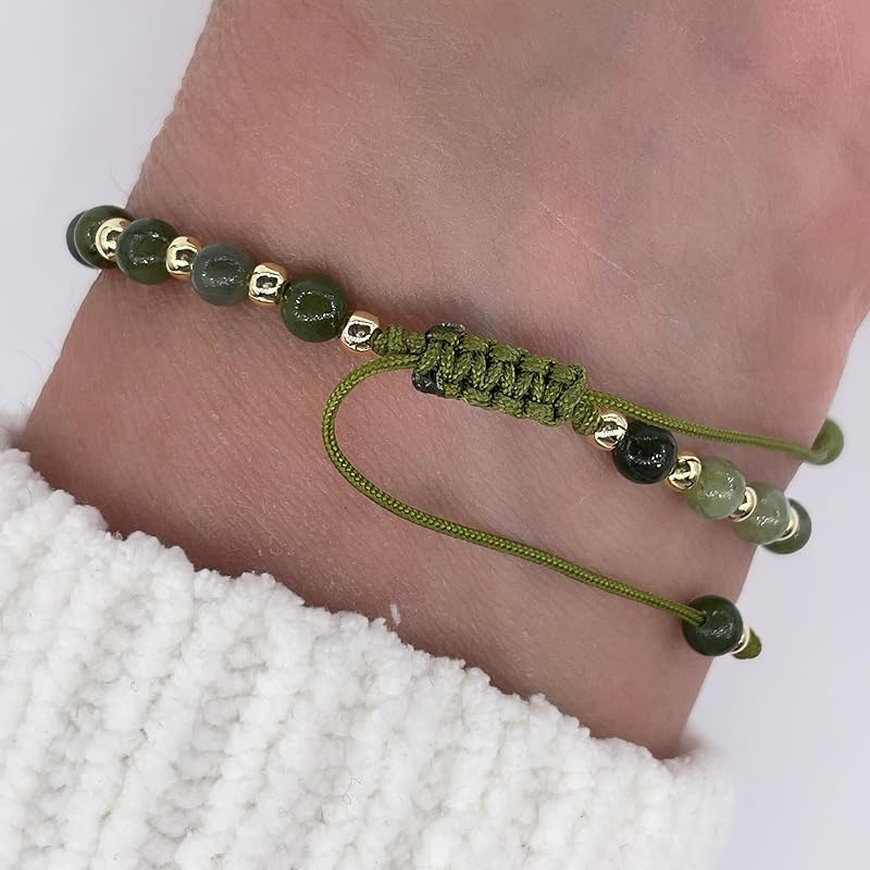 Lucky Evil Eye Natural Stone Beaded Adjustable Bracelet for Women (Green Jade)