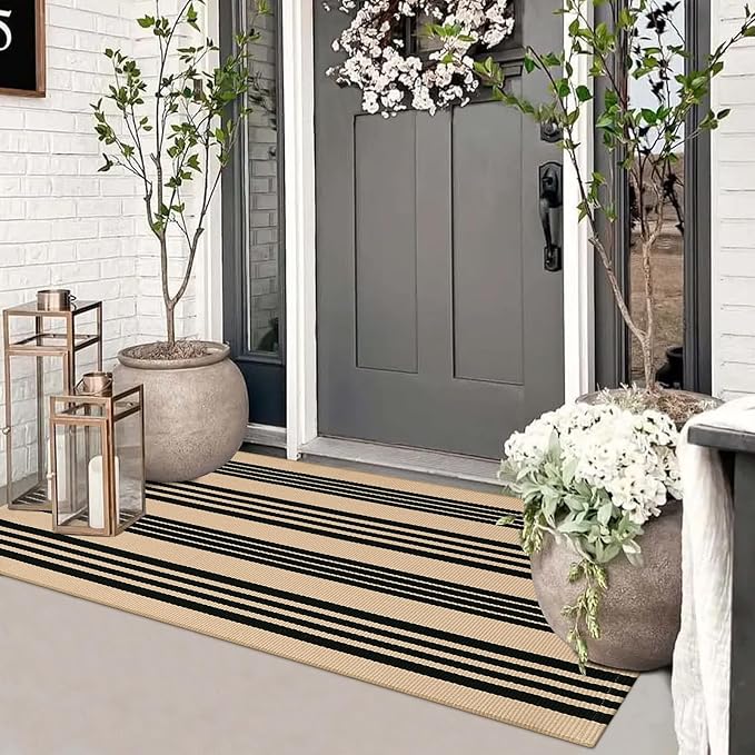 Striped Outdoor Front Door Mat 24"x51", Cotton Hand Woven Washable Black and Khaki Rug Runner, Reversible Foldable Indoor Layered Front Door Rugs for EntrywayFarmhouseHome Entrance
