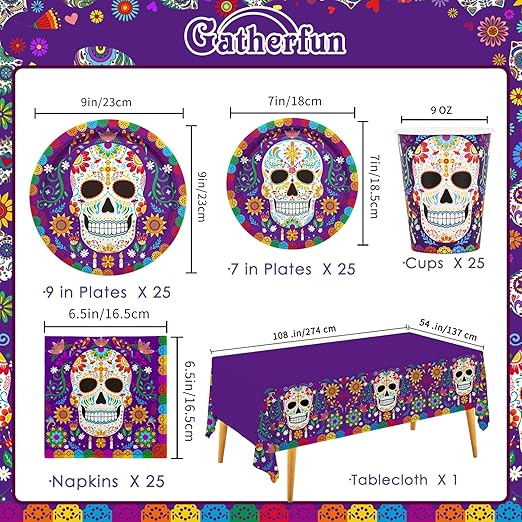 Day of the Dead Party Supplies Kit Serve 25, Includes Disposable Sugar Skull Dinner Plates, Dessert Plates, Napkins, Cups and Tablecloth, DÃa de los Muertos Party Decorations