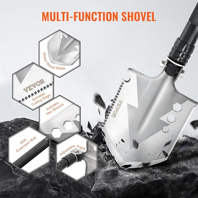 VEVOR Survival Shovel - 8 in 1 Camping Shovel Folding Multitool, Military Grade Portable Compact Tactical Shovel, Multifunction for Off-Roading, Camping, Hiking, Outdoor, Survivalist and Emergency