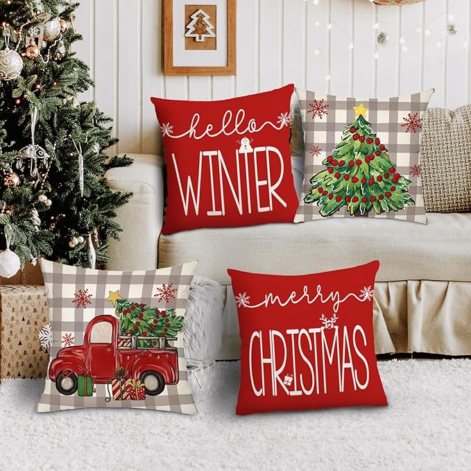 Dixutzi Christmas Pillow Covers 18x18 Set of 4, Red Tree Truck Snowflake Merry Christmas Hello Winter Holiday Farmhouse Xmas Decorative Throw Pillows Cushion Case for Sofa Couch Home Decor