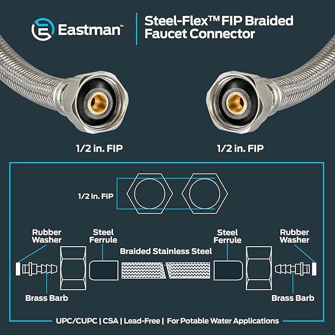 Eastman 12 Inch Steel-Flex Faucet Connector, 12 Inch FIP x 12 Inch FIP, Braided Stainless Steel Faucet Supply Line, 48015