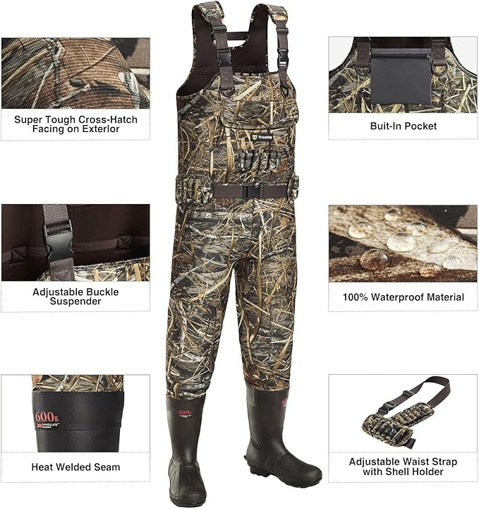 TIDEWE Hunting Waders with Boot Hanger & 600G Insulation, Waterproof Cleated Neoprene Bootfoot Fishing Chest Waders