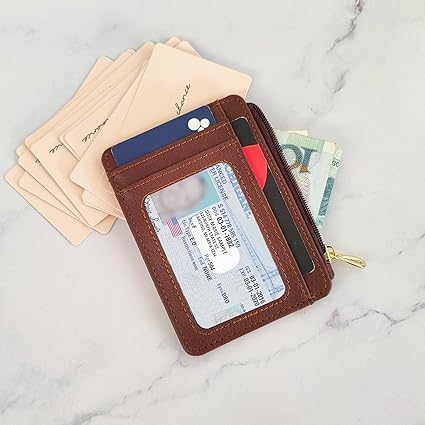 CATCH ON Small Wallet Women & Men, Slim Minimalist Faux Leather Front Pocket Credit Card Holder With Zipper Pocket (brown)