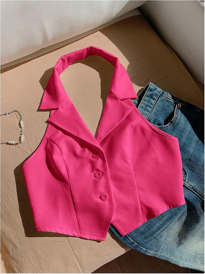 SOLY HUX Women's Halter V Neck Vest Button Down Backless Crop Tank Tops Sleeveless Blazer Waistcoat
