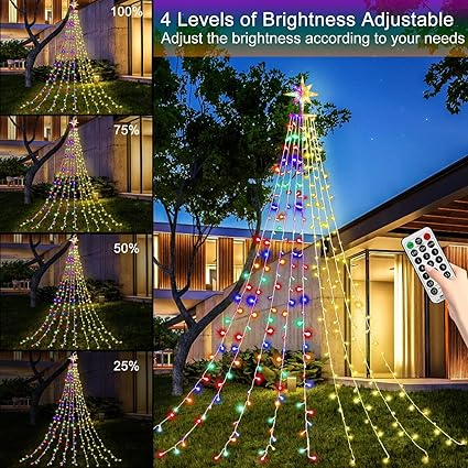 Christmas Decorations Star String Lights, 320 LEDs Outdoor Waterfall Tree Lights with 13" Topper Star, Plug in Waterproof Hanging Fairy Lights for Xmas New Year Holiday Party Yard Decor