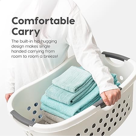 IRIS USA 50L Plastic Hip Hold Laundry Basket with Built-In Comfort Carry Handles, 1.5 Bushel, Clothes Hamper, Laundry Hamper, Ventilation Holes, for Closet Dorm Laundry Room Bedroom, White