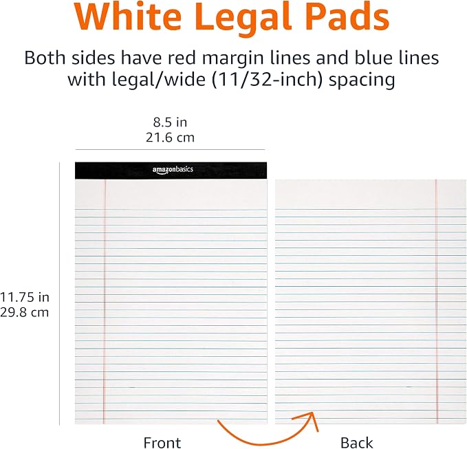 Basics Wide Ruled Lined Writing Note Pads for Office Supplies, 8.5" x 11.75", White, 12-Pack of 50 Perforated Sheets