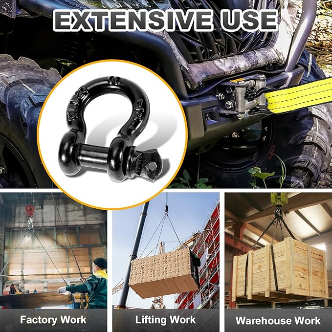 12" D Ring Shackles with 78" Screw Pin, 26,400 lbs Break Strength, Heavy Duty Clevis Shackles (Black) for Jeep, Truck, SUV, Trailer, ATV, UTV(2pcs)