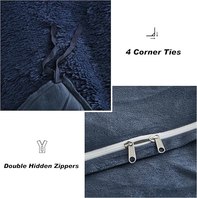 annadaif Fluffy Duvet Cover Queen Size, Navy Blue Plush Shaggy Faux Fur Comforter Cover Velvet Bedding Set with Zipper Closure(1 Duvet Cover, 2 Pillowcases)
