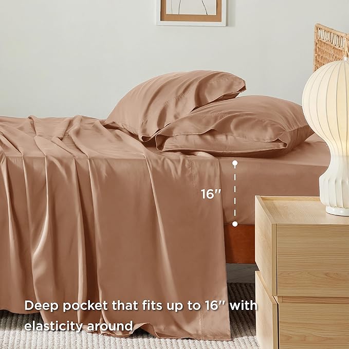 Bedsure Full Size Bed Sheets, Cooling Sheets for Full Size, Rayon Derived from Bamboo, Breathable Soft Deep Pocket Up to 16 Inches, Hotel Luxury Silky Bedding, Bedsheet Pillowcases, Taupe