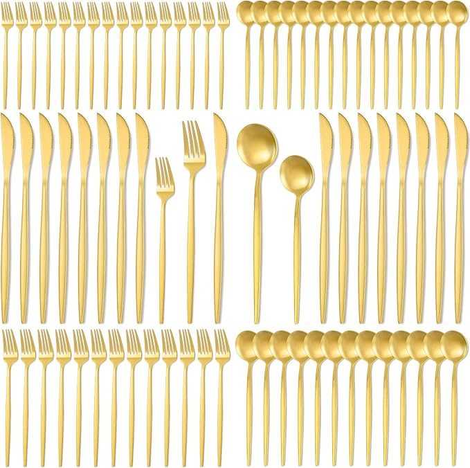 84 Pcs Gold Silverware Set, 18 Set Flatware Cutlery for 5 Golden Stainless Steel Utensils Includes Forks Knives and Spoons for Kitchen Restaurant Home(Gold Handle)