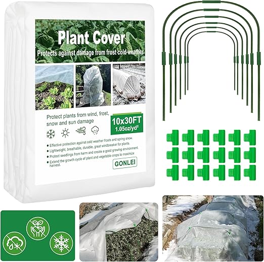 GonLei Plant Covers Freeze Protection Kit 10x30 ft Plant Blanket (6 Pcs Garden Hoops & 18 Clips) Frost Cloths for Outdoor Plants Garden Row Covers 1.05oz/yd² Plant Covers for Winter
