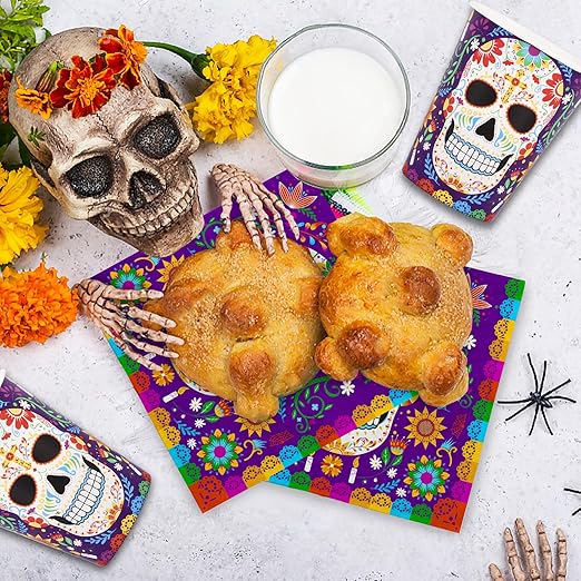 Day of the Dead Party Supplies Kit Serve 25, Includes Disposable Sugar Skull Dinner Plates, Dessert Plates, Napkins, Cups and Tablecloth, DÃa de los Muertos Party Decorations
