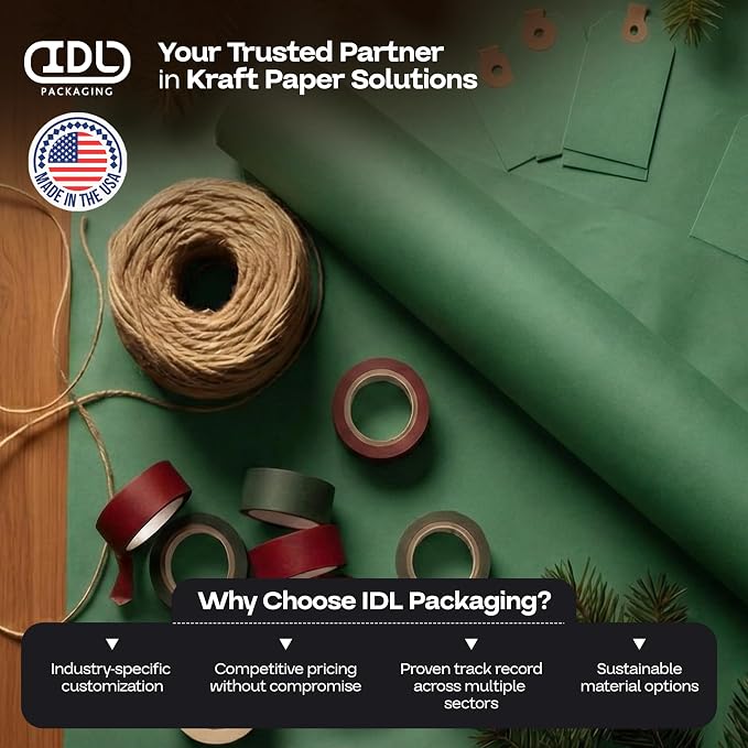 36" x 1200" (100 ft) Green Kraft Paper Roll - USA-Made Quality Craft Paper for Gift Wrapping, Kids' Arts & Crafts, School Projects - Natural Material 50lb Thickness by IDL Packaging