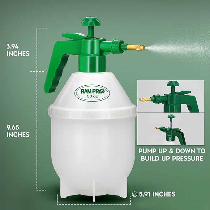 Garden Pump Sprayer, Handheld Bottle Mist Water Sprayer, Hand Pressure Home Cleaning Plant Lawn Sprayer w/Safety Valve & Adjustable Bronze Nozzle, 1.5 Liter/.4 Gallon/50Ounces –by Rampro