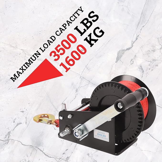 3500lbs Capacity Boat Trailer Winch Heavy Duty Hand Winch with 33ft Polyester Strap,Ratio 4:1/8:1 Gear Crank Strap Gear Winch Two-Way Ratchet with Hook for Boat Trailers ATV RV Truck