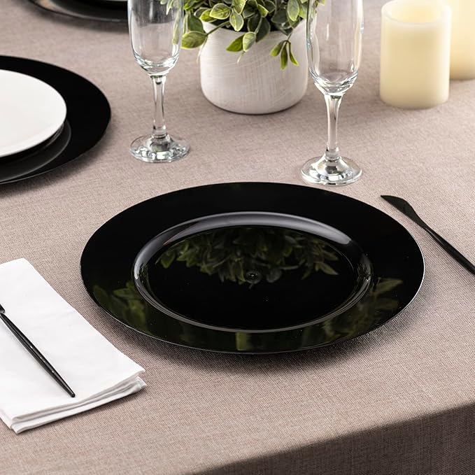 13'' Charger Plates Black Plastic Heavy Duty Disposable Dinner Chargers Serveware Dishes Platters Tableware Pack of 12