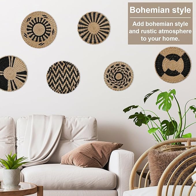 7 Pack Boho Wall Basket Decor, Hanging Woven Basket Wall Decor, Handmade Seagrass Rattan Wicker Wall Decoration, Round Rustic Bohemian Flat Seagrass Baskets for Home Living Room