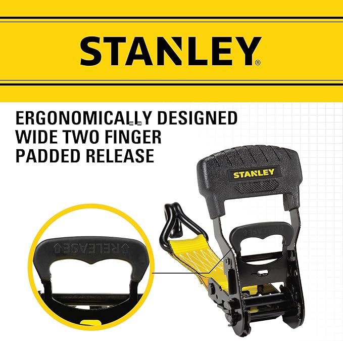 STANLEY S1007 Black/Yellow 1.5" x 16' Ratchet Tie Down Straps - 1,100 lb Safe Working Load / 3,300 lb Break Strength, 2 Pack