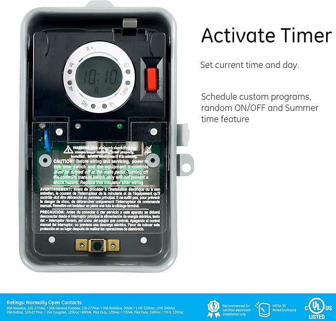 GE 7-Day Digital Pool Timer Switch, 2HP 40A Load Capacity Pool Pump Timer, Outdoor NEMA 3R-Rated Box Timer, Universal Voltage Pool Timer Replacement, Water Heater Timer, Tamper Resistant Metal, 46537
