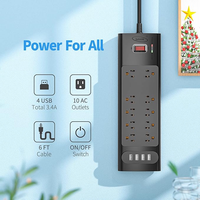 Power Strip, Bototek 6ft Surge Protector with 10 AC Outlets and 4 USB Ports,1875W/15A, 2100 Joules, 6 Feet Long Extension Cord for Home, Office, Dorm Essentials, 2100 Joules